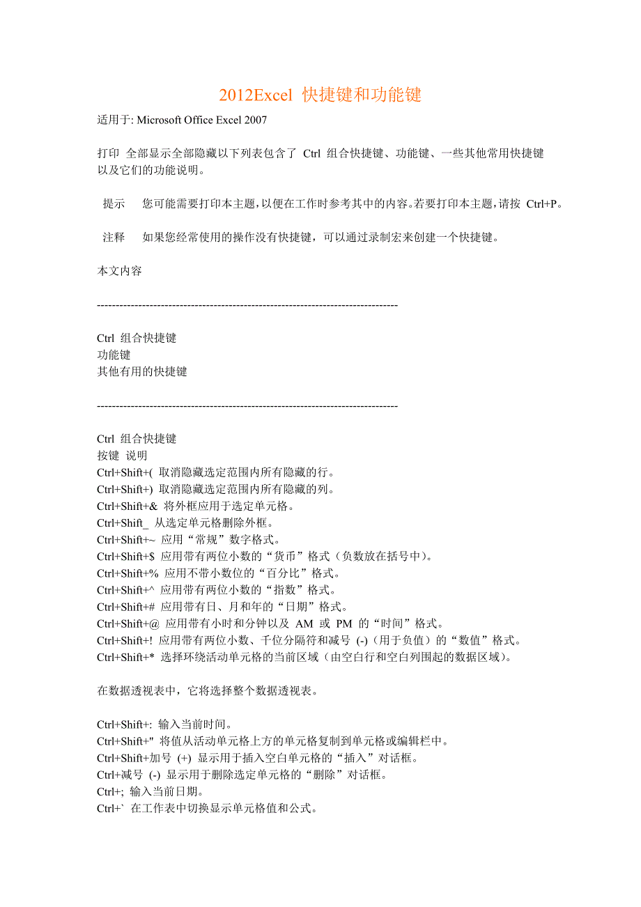 最新最全Excel 快捷键和功能键_第1页