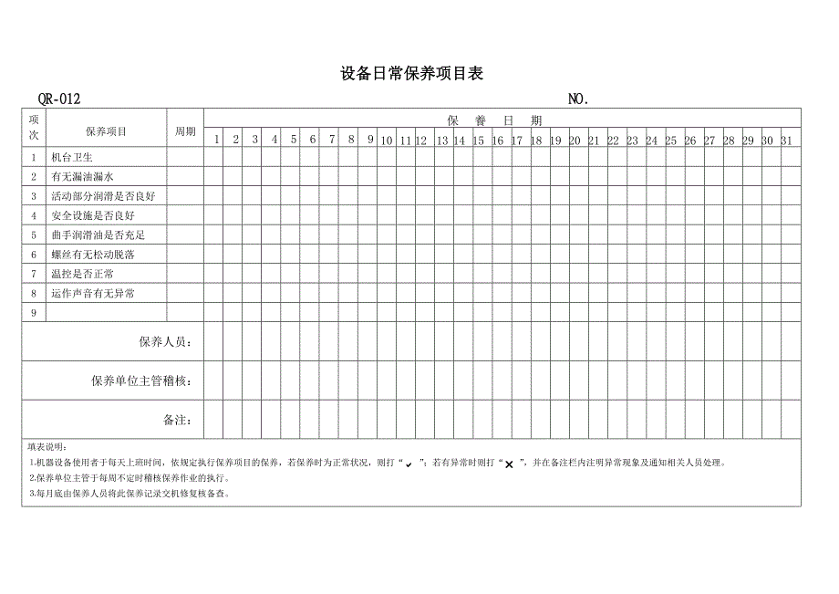 qr-012设备日常保养项目表_第1页