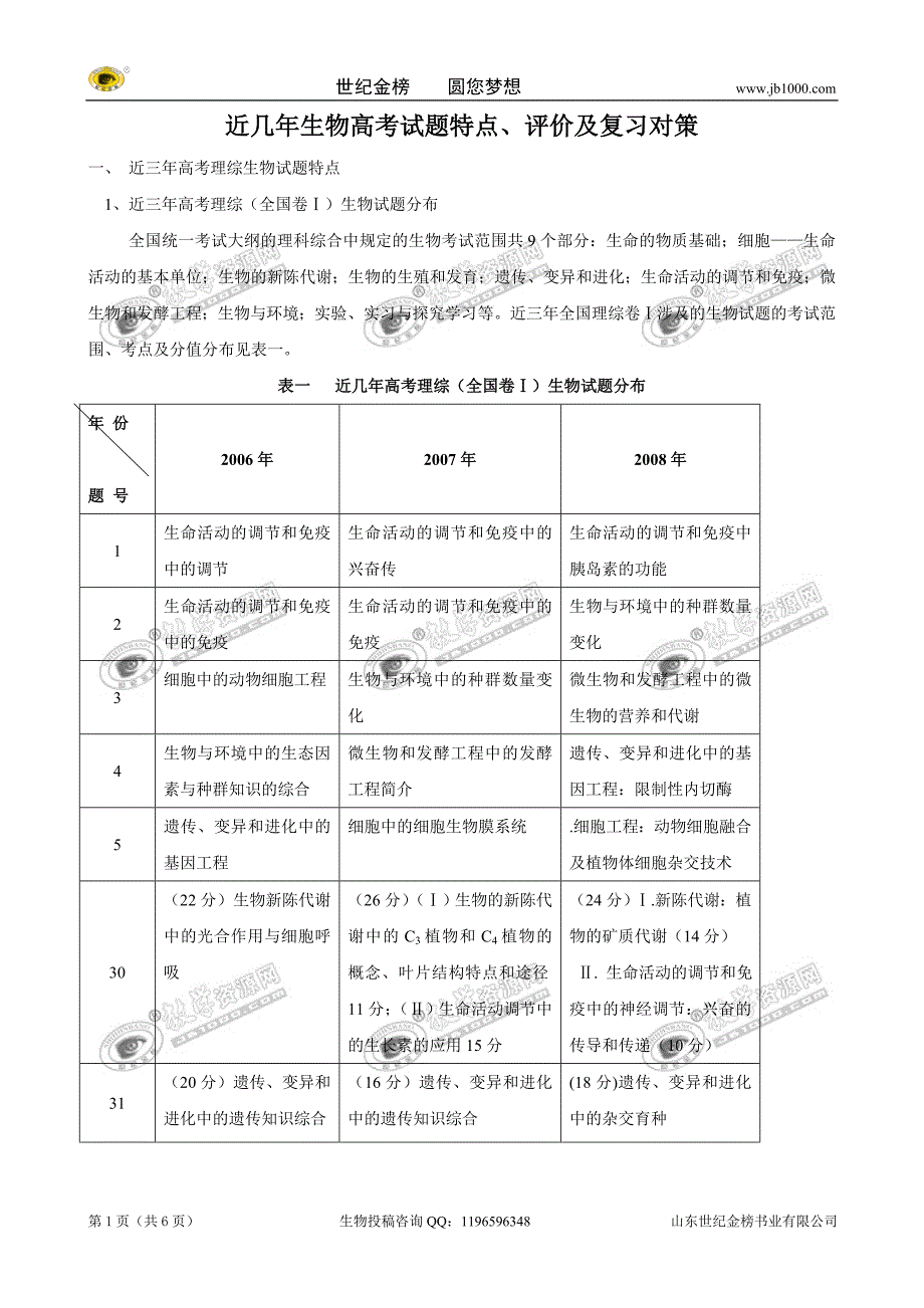 近几年生物高考试题特点、评价及复习对策_第1页