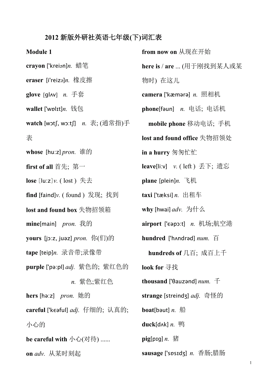 外研版七年级下册英语单词汇总表(带音标)_第1页