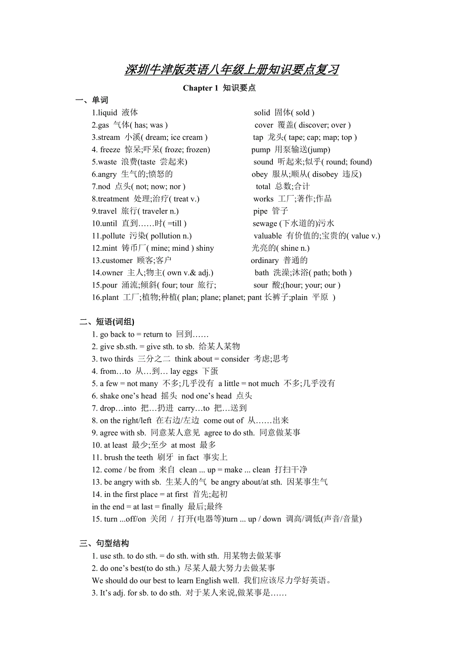 深圳牛津版英语八年级上册知识要点复习_第1页