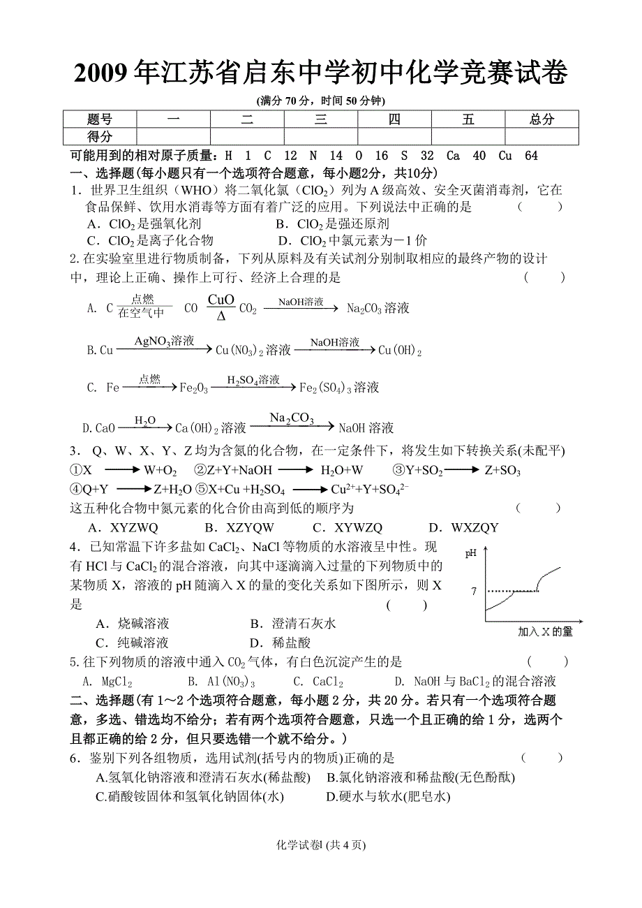 2009年江苏省初中化学竞赛试卷__附答案详解_第1页