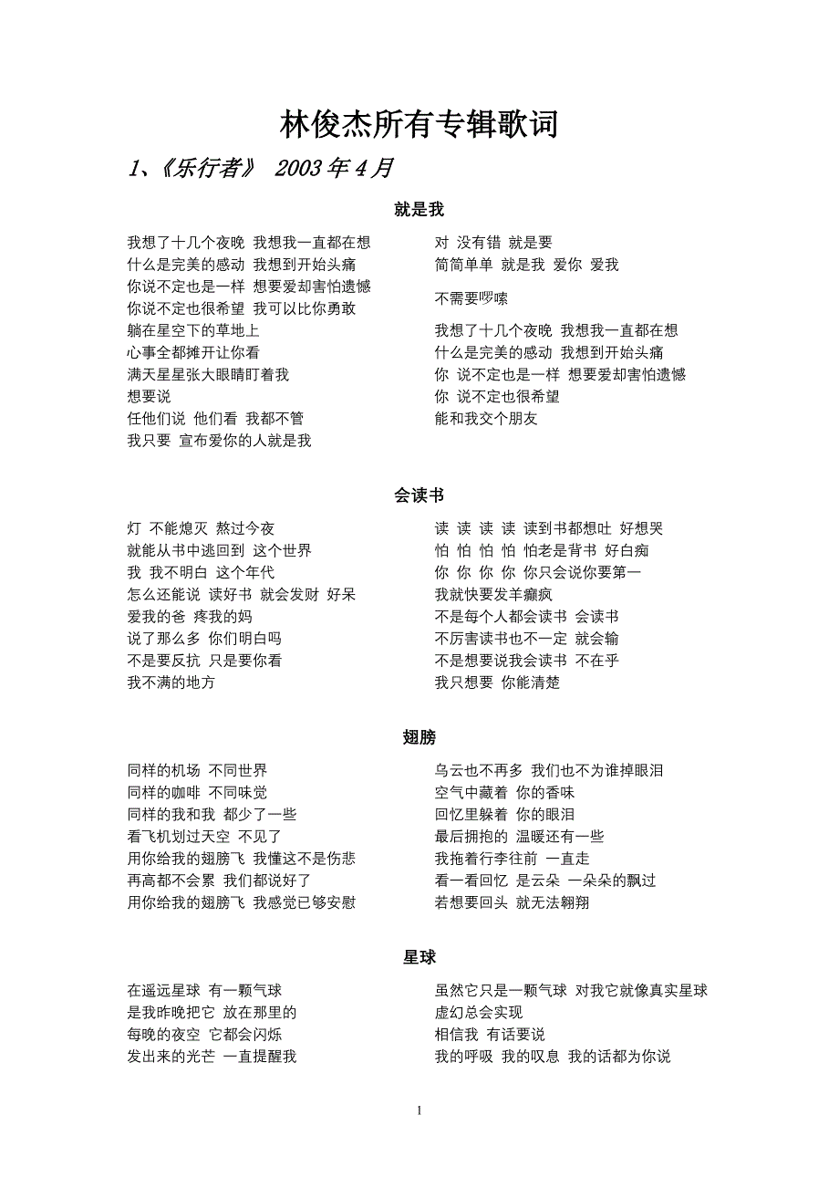 林俊杰所有专辑歌词 已排版_第1页