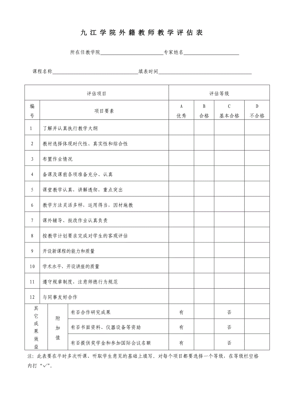 九江学院外籍教师教学评估表_第1页