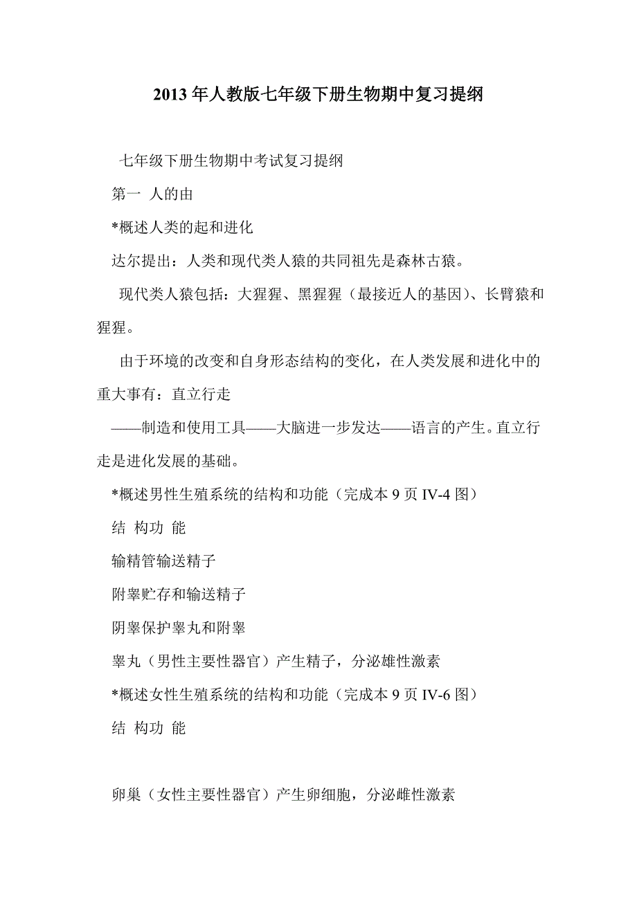 2013年人教版七年级下册生物期中复习提纲_第1页