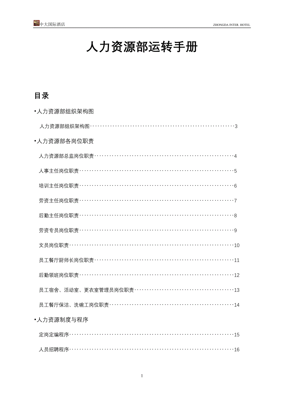 中大国际酒店  人力资源部运转手册_第1页