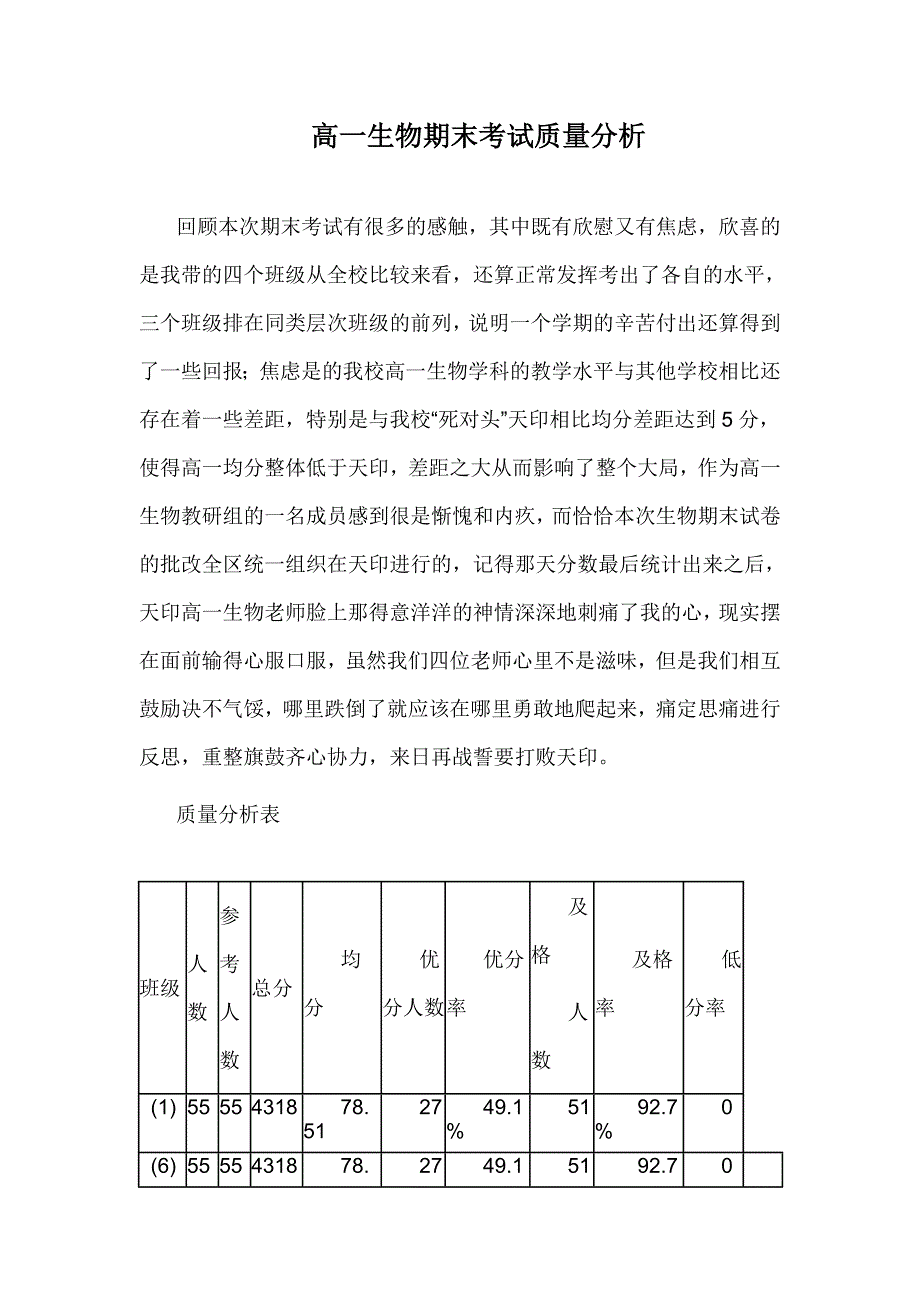 高一生物期末考试质量分析_第1页