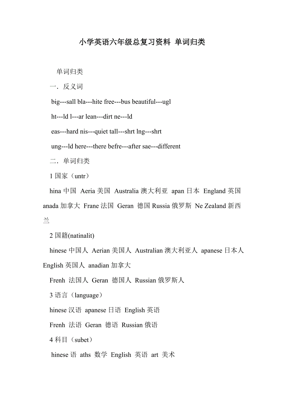 小学英语六年级总复习资料 单词归类_第1页