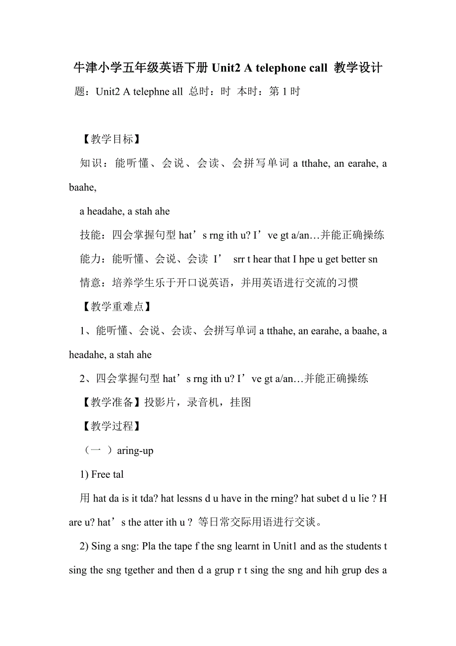 牛津小学五年级英语下册unit2 a telephone call 教学设计_第1页