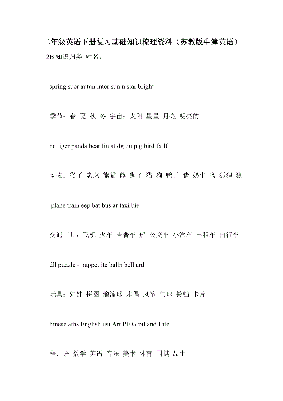 二年级英语下册复习基础知识梳理资料（苏教版牛津英语）_第1页