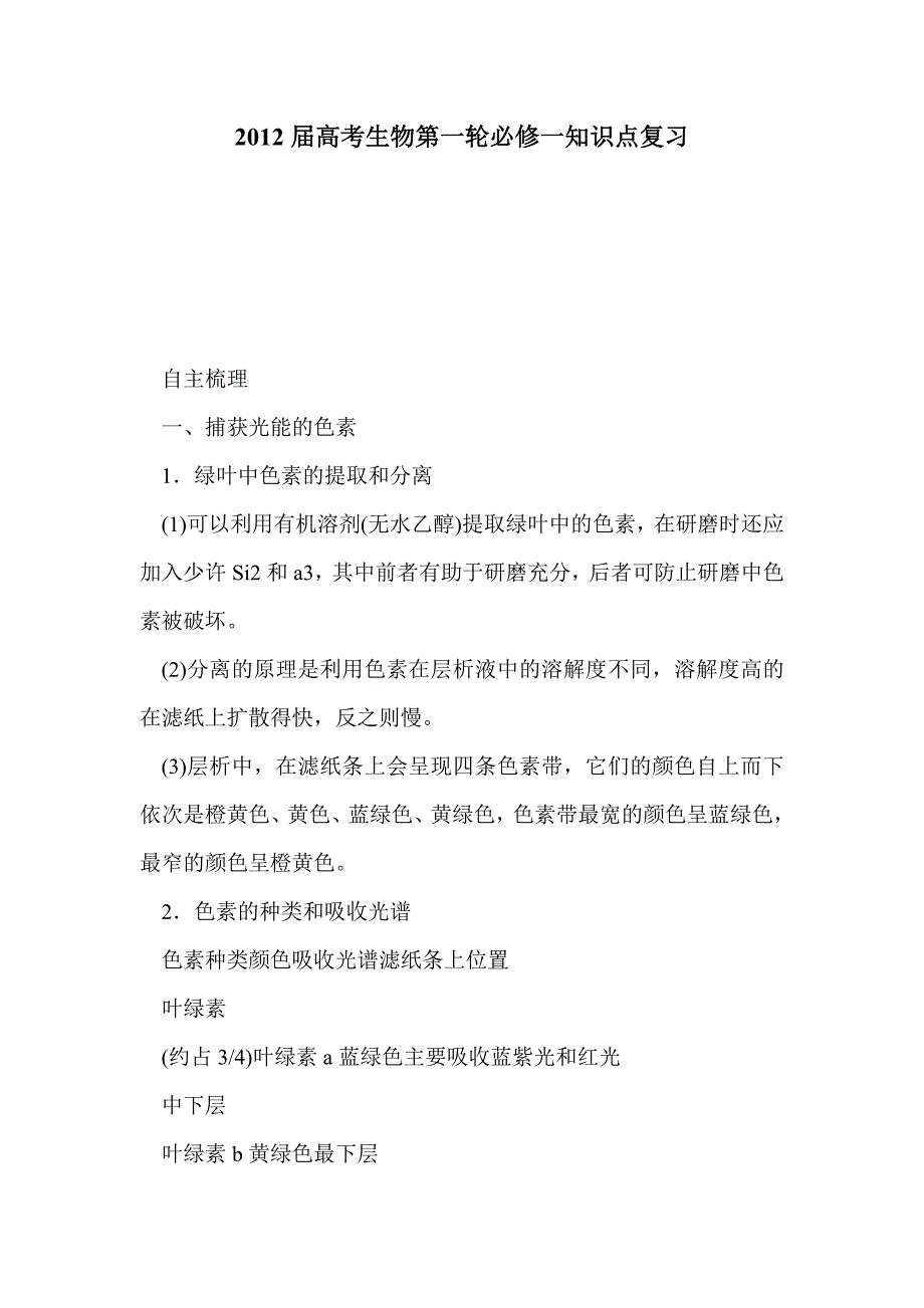 2012届高考生物第一轮必修一知识点复习_第1页