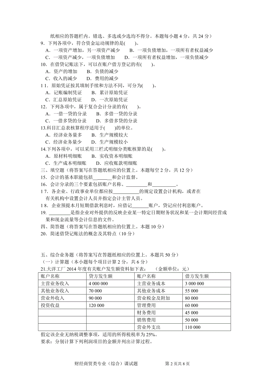 2015年对口高考应用型本科安徽财经商贸类专业(综合)课试题_第2页