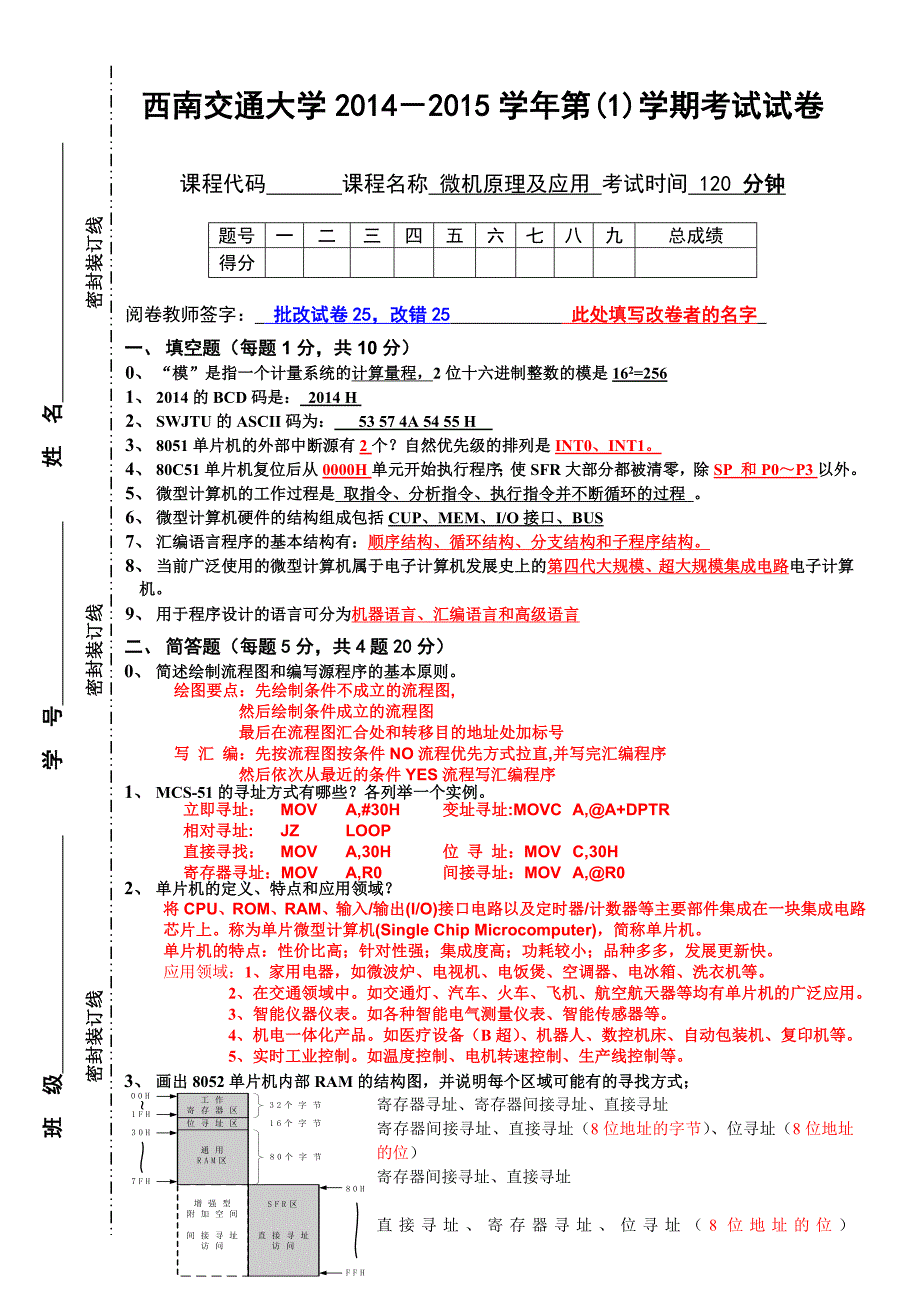 2014微机原理及应用—期中卷及答案1_第1页