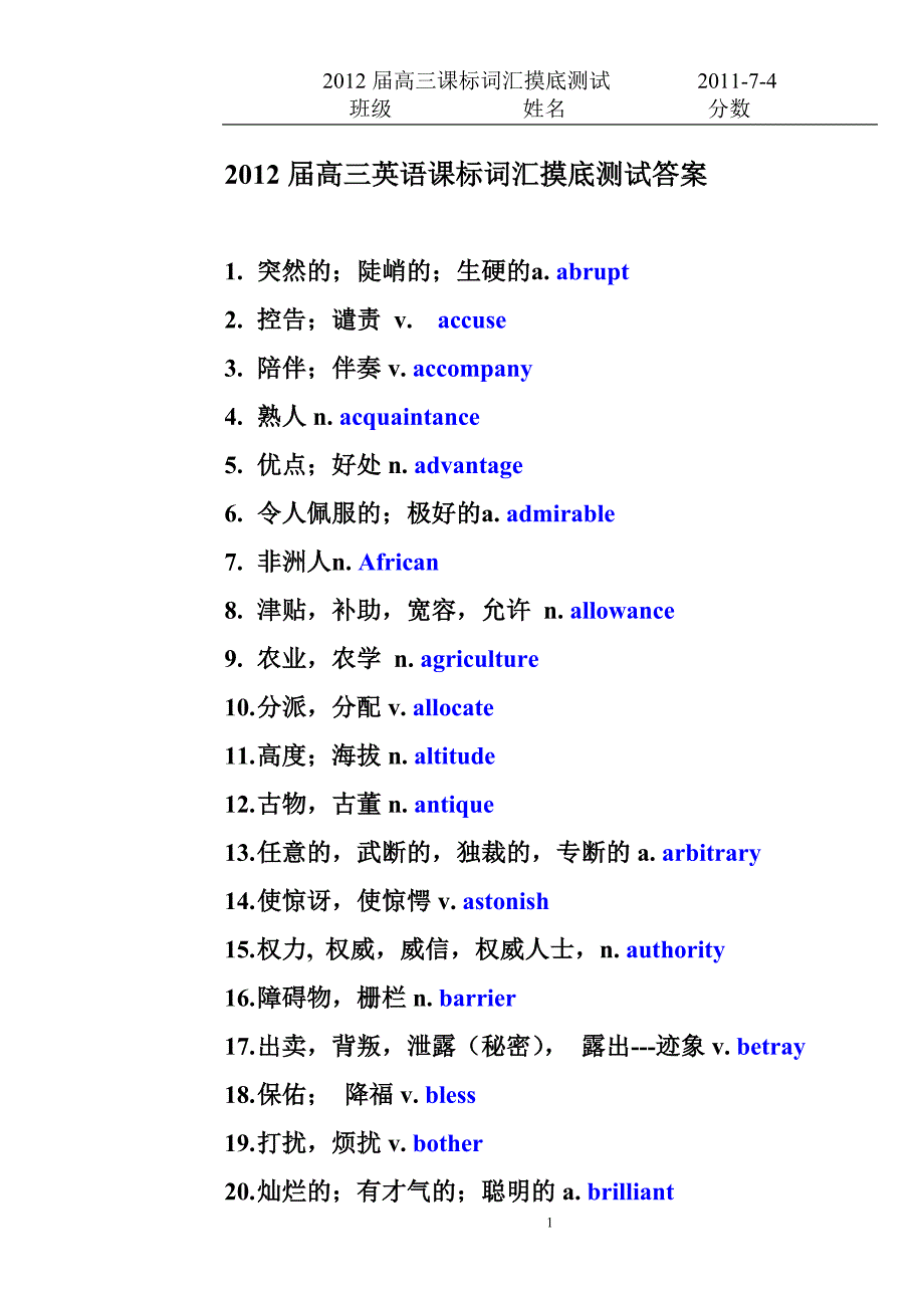 2012届高三英语课标词汇摸底测试题答案_第1页