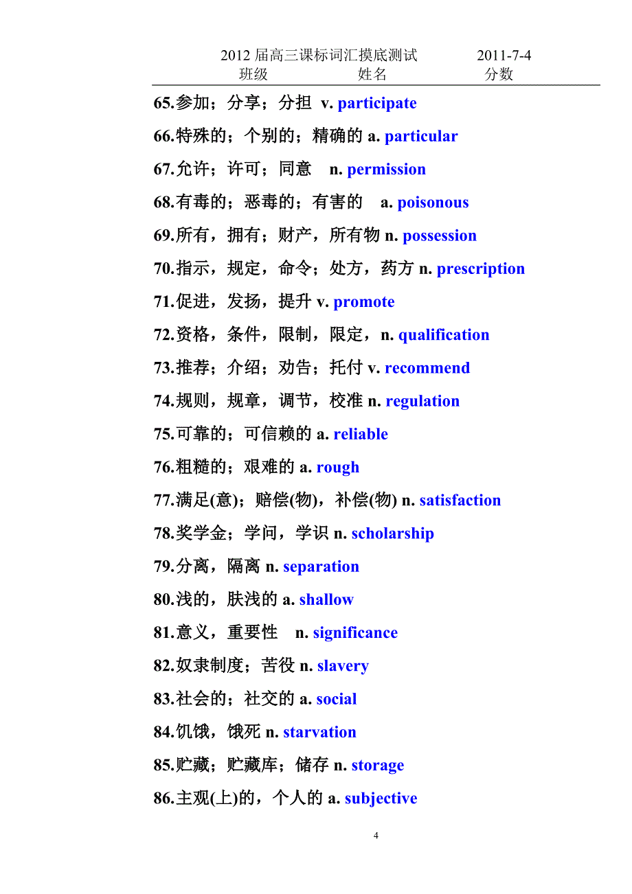 2012届高三英语课标词汇摸底测试题答案_第4页