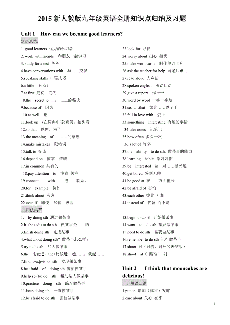 2015新人教版九年级英语全册知识点归纳及习题_第1页