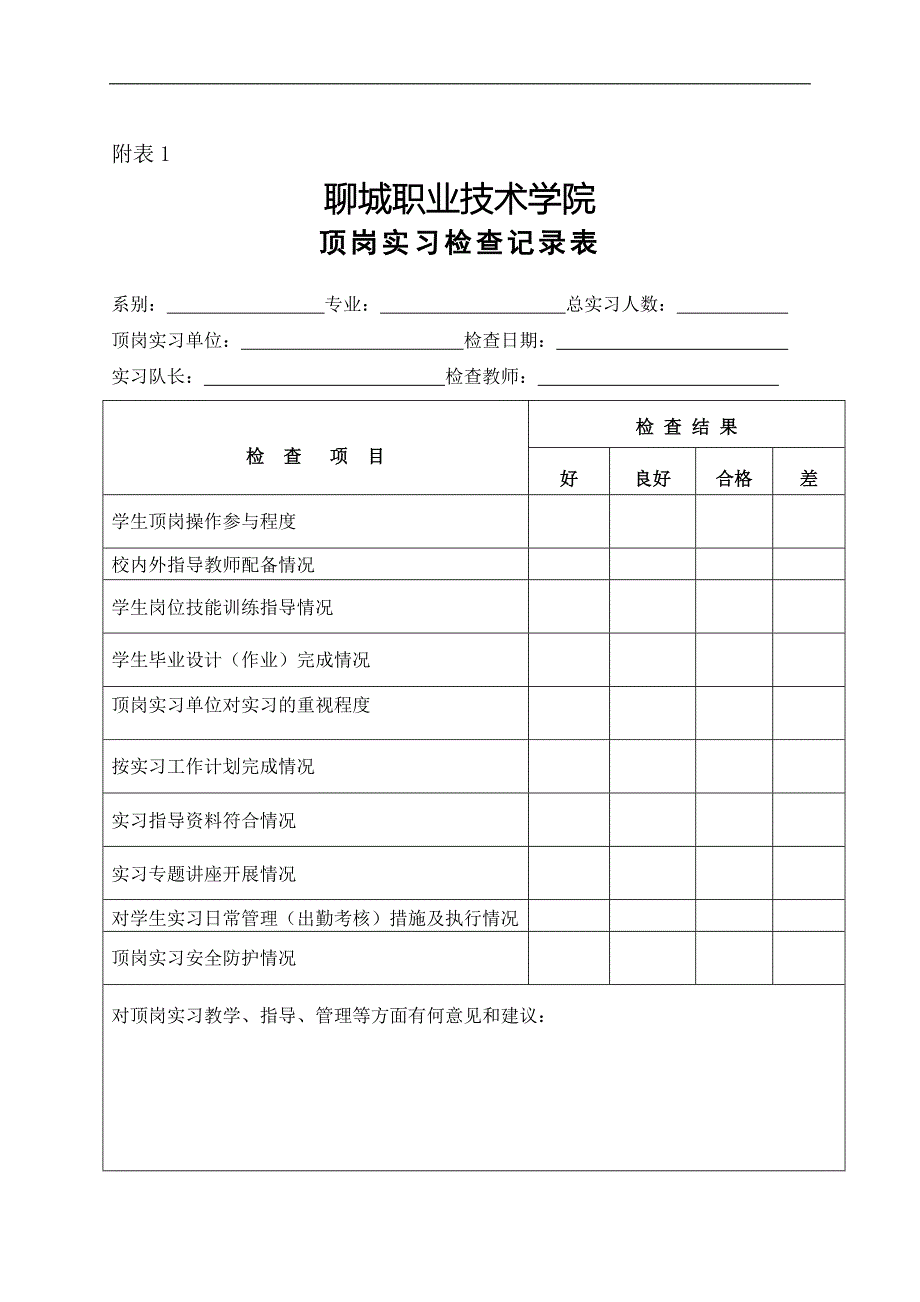 聊城职业技术学院顶岗实习检查记录表_第1页