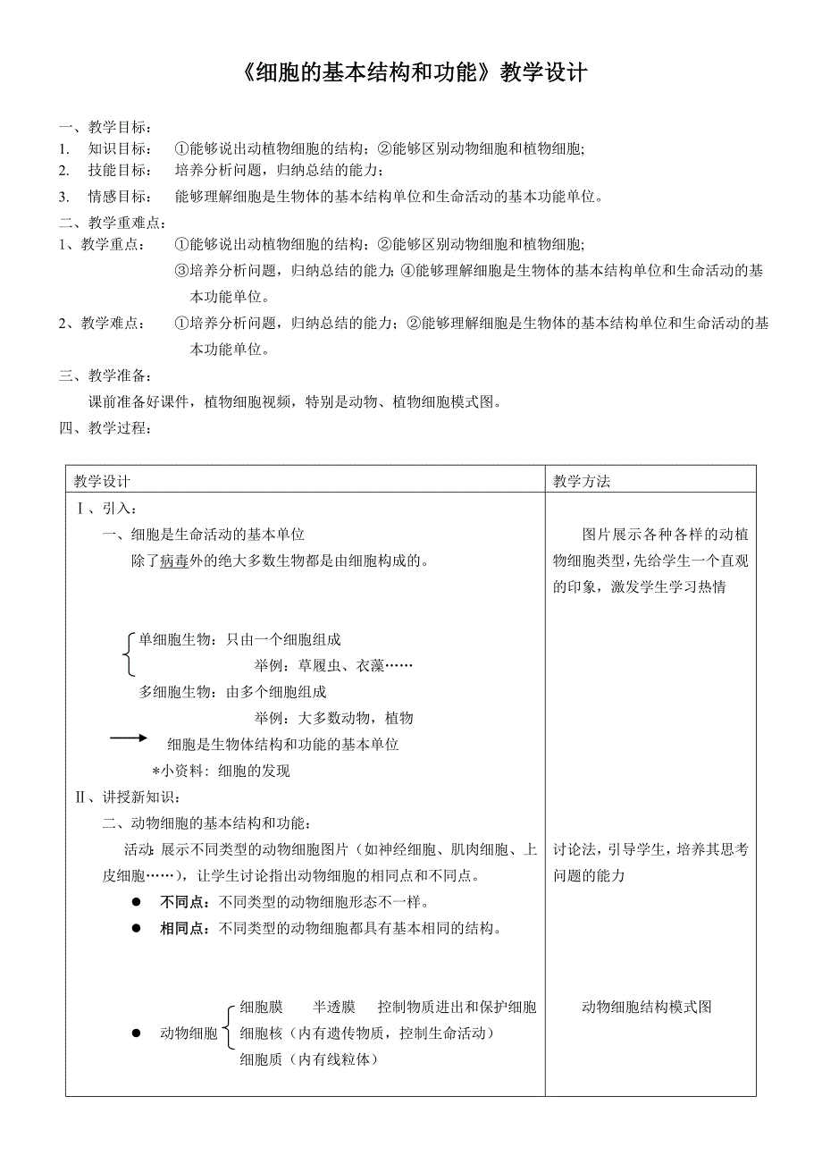 《细胞的基本结构和功能》教学设计_第1页