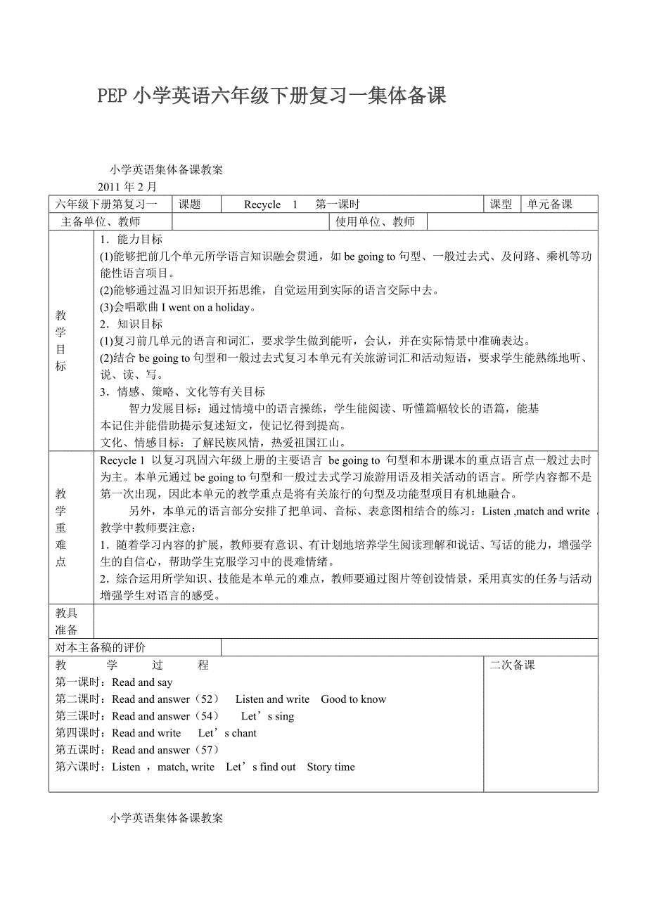 PEP小学英语六年级下册复习集体备课_第1页