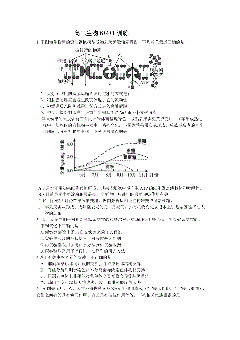 2016届高三6+4+1生物试题(含答案)_第1页