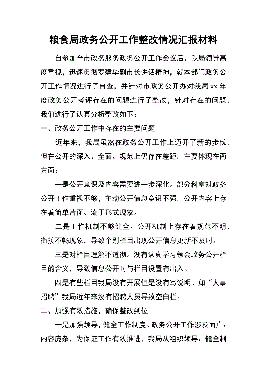 粮食局政务公开工作整改情况汇报材料_第1页