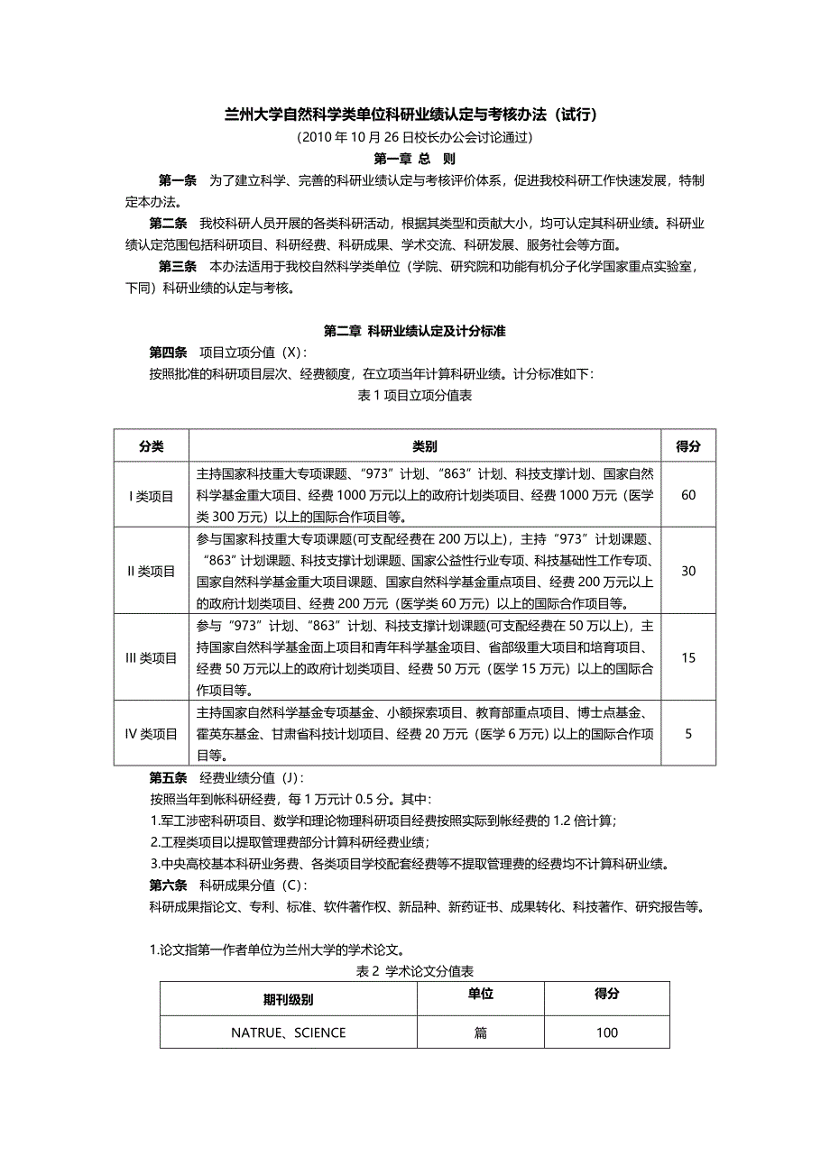 兰州大学自然科学类单位科研业绩认定与考核办法（试行）_第1页