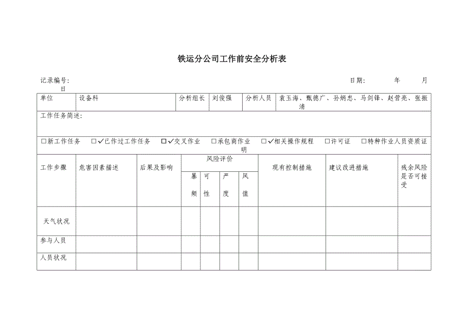 综合维修班工作前安全分析表_第1页