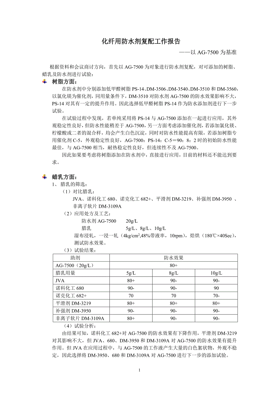 化纤用防水剂复配工作报告_第1页