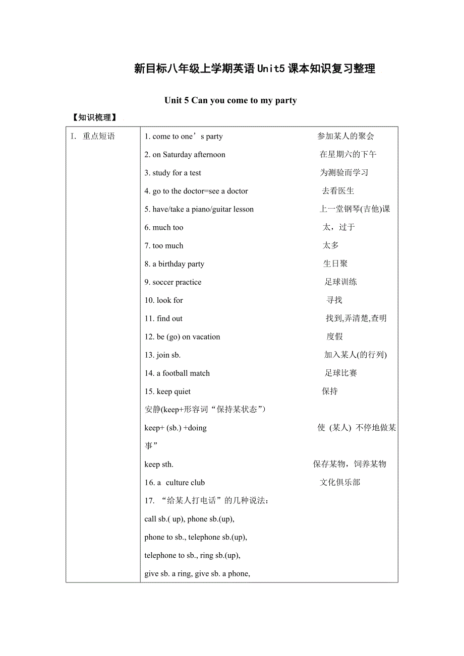 新目标八年级上学期英语unit5课本知识复习整理_第1页