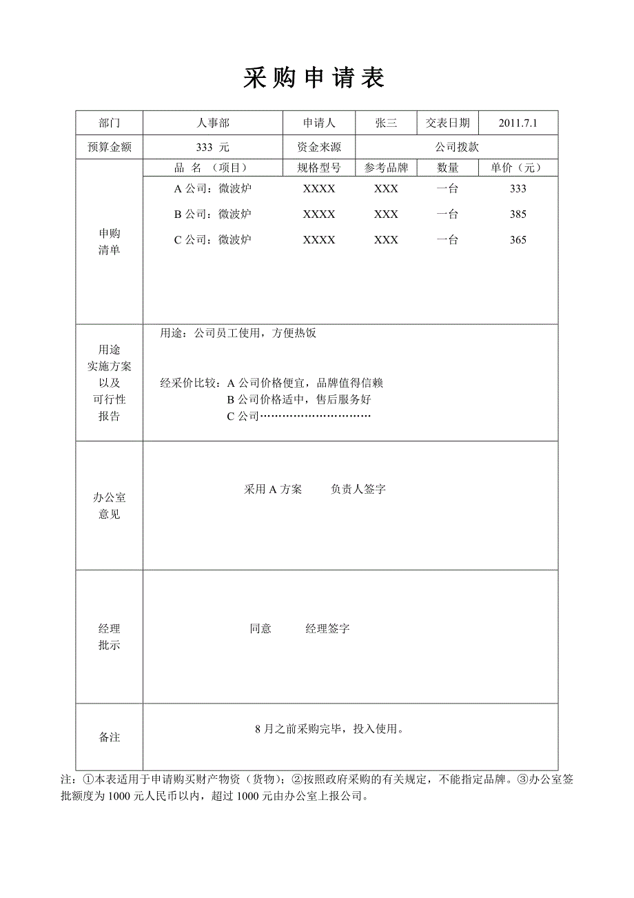 采购申请表范文_第1页