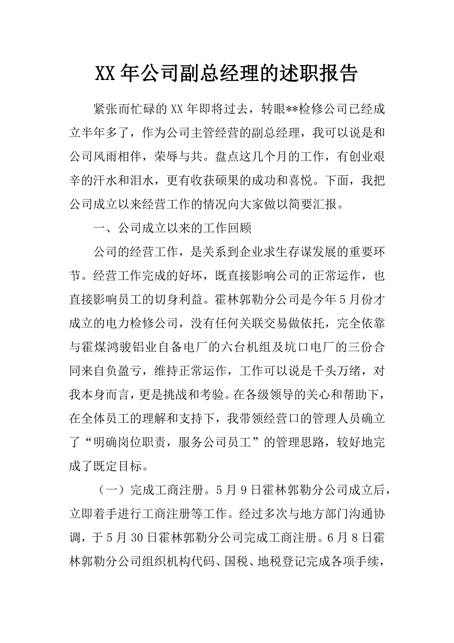 xx年公司副总经理的述职报告_第1页