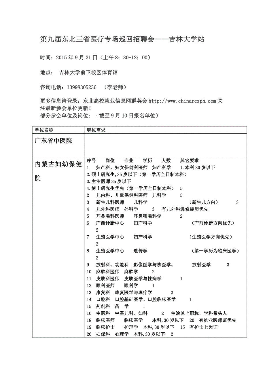 第九届东北三省医疗专场巡回招聘会——吉林大学站_第1页