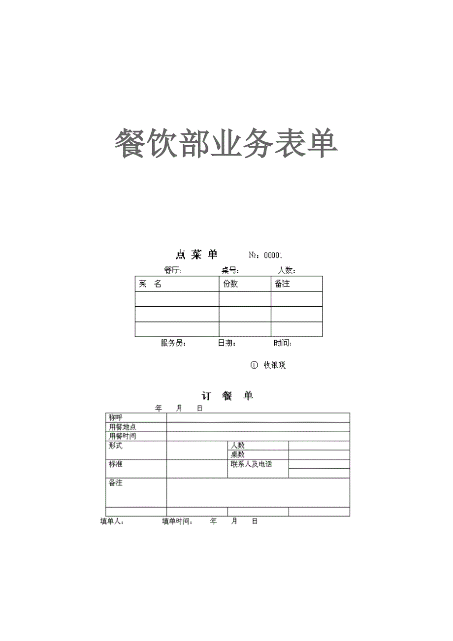 餐饮部业务表单 酒店管理系教师编写_第1页