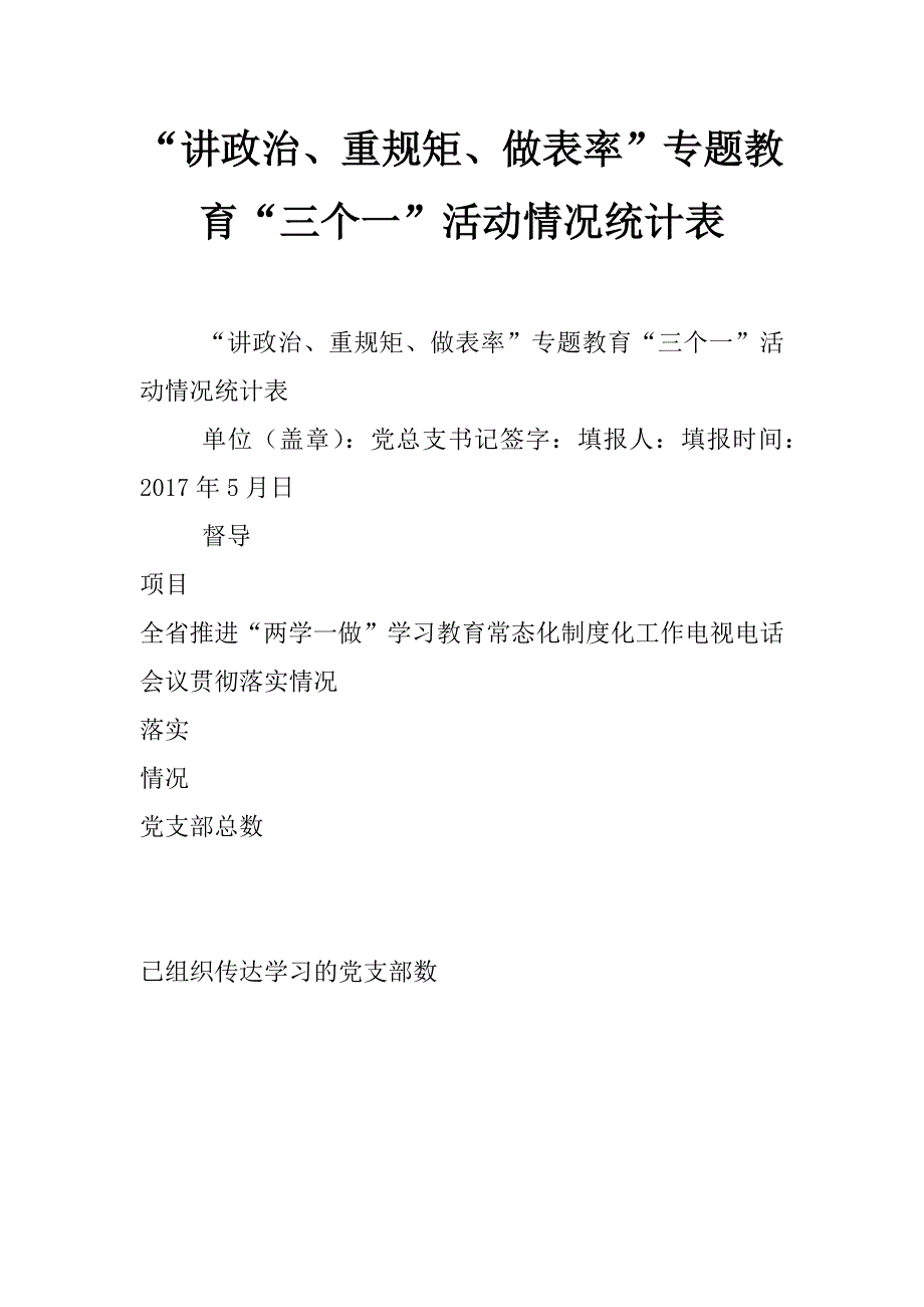 “讲政治、重规矩、做表率”专题教育“三个一”活动情况统计表_第1页