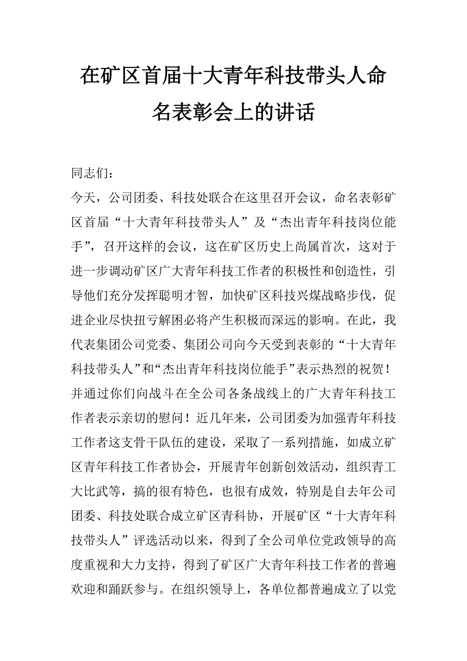 在矿区首届十大青年科技带头人命名表彰会上的讲话_第1页