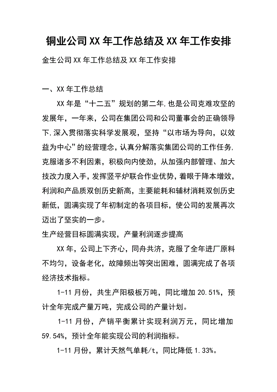 铜业公司xx年工作总结及xx年工作安排_第1页