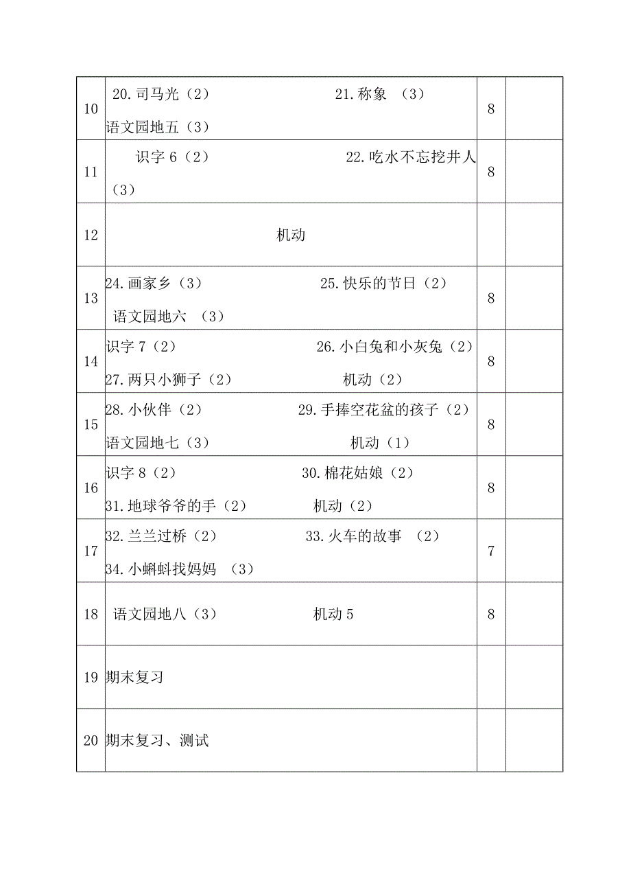 人教版小学一年级语文下册教学进度表_第2页