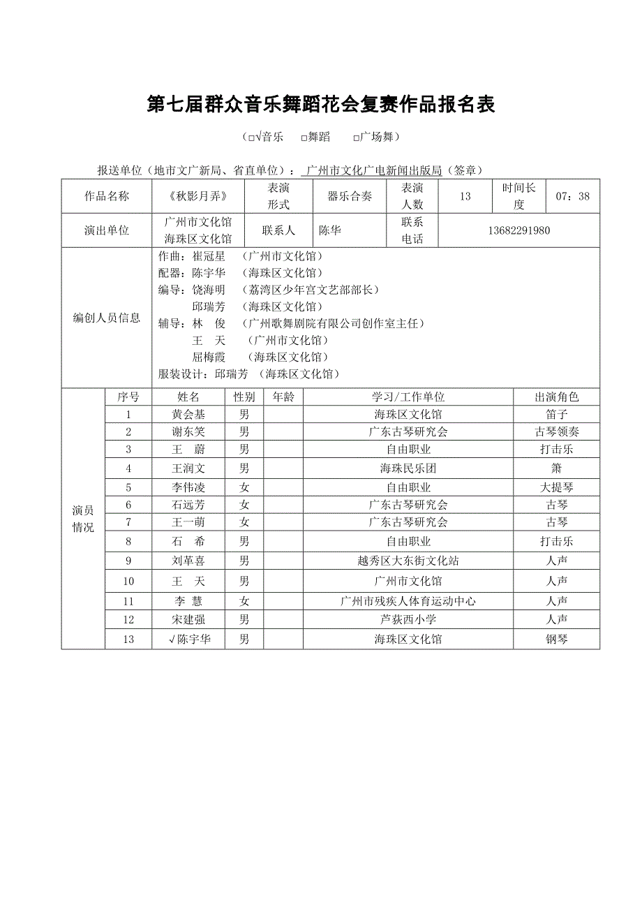 第七届群众音乐舞蹈花会复赛作品报名表_第1页