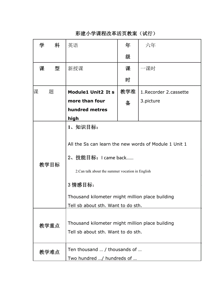 六年英语上教案m1u2_第1页