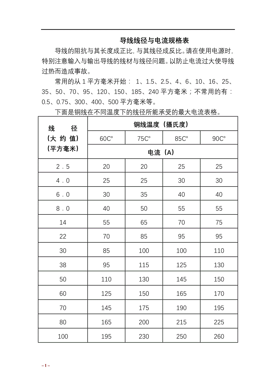 导线线径与电流对照表_第1页