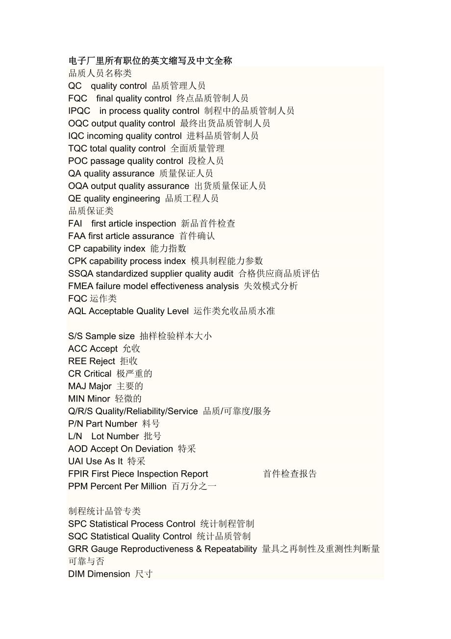 电子厂职位的英文缩写及中文全称_第1页