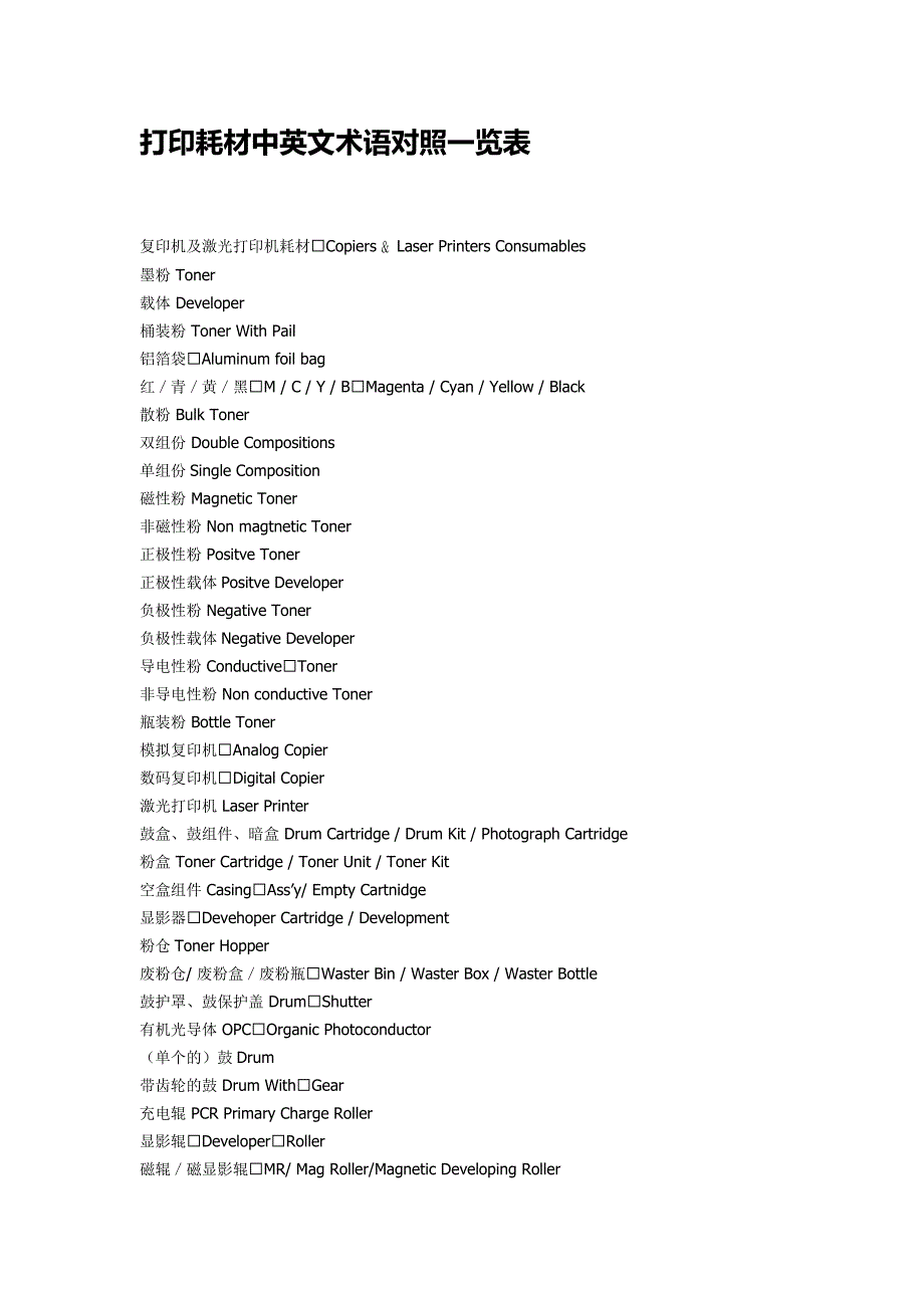 打印耗材中英文术语对照一览表_第1页