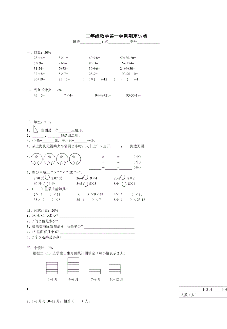 小学二年级数学第一学期期末试题_第1页