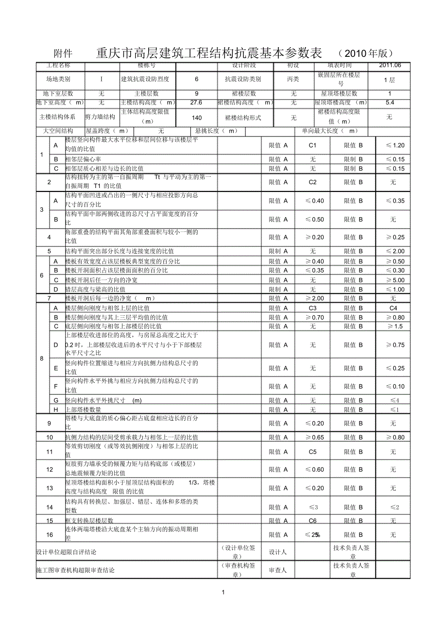 重庆高层建筑工程结构抗震基本参数表(2010)及填表说明_第1页