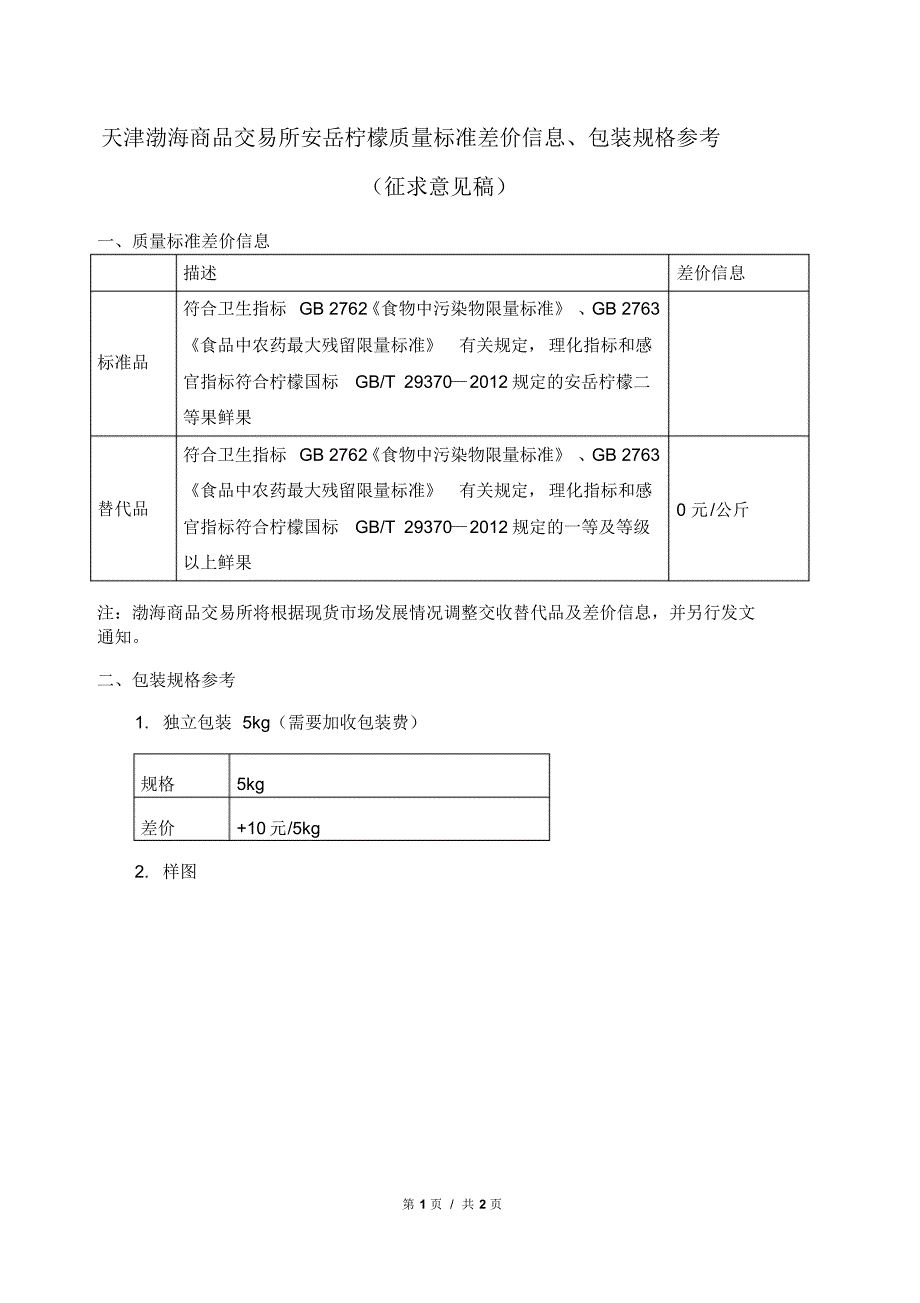 天津渤海商品交易所安岳柠檬质量标准差价信息、包装规格参考(征求意见稿)(1)_第1页