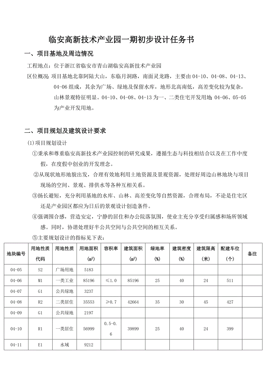 浙江省临安市青山湖临安高新技术产业园一期初步设计任务书_第1页