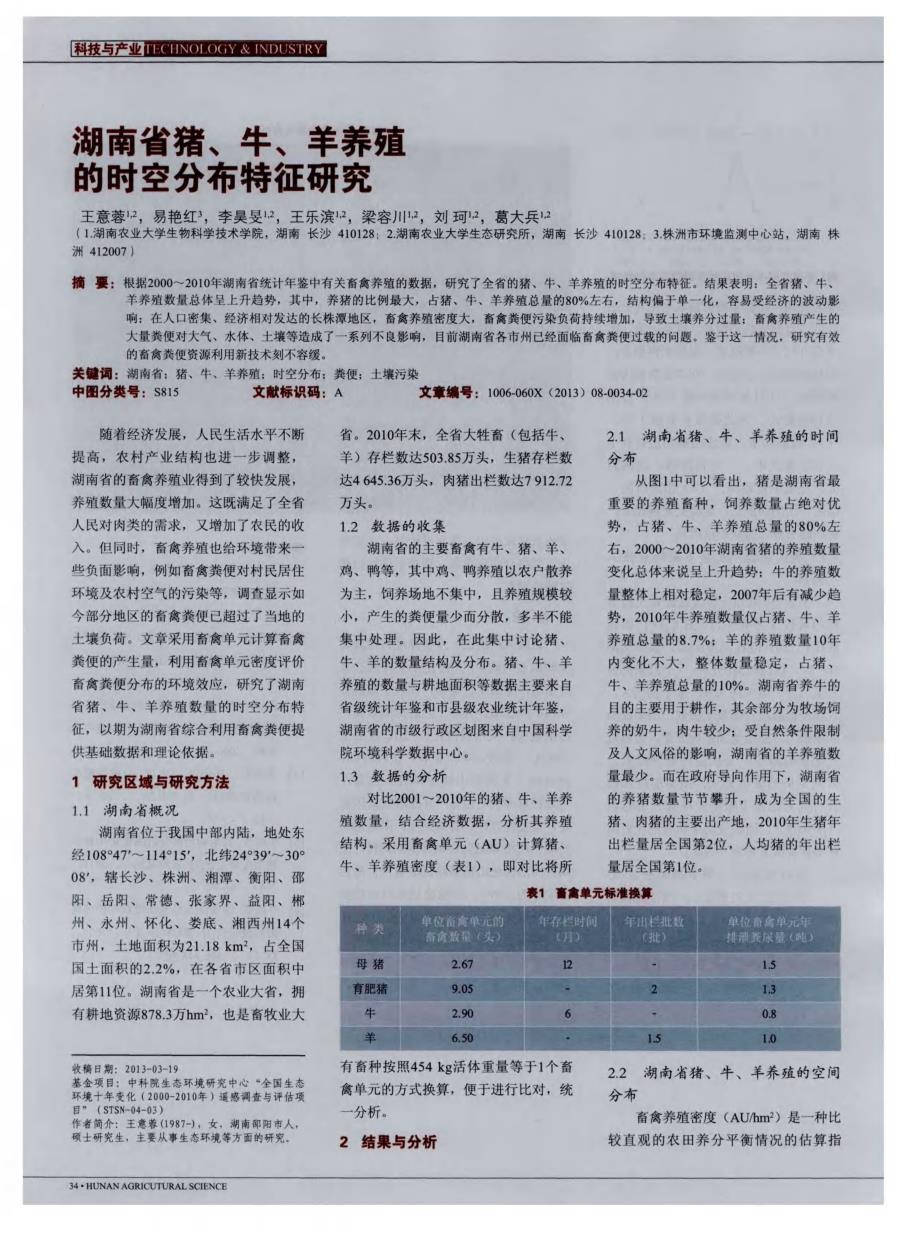 湖南省猪、牛、羊养殖的时空分布特征研究_第1页