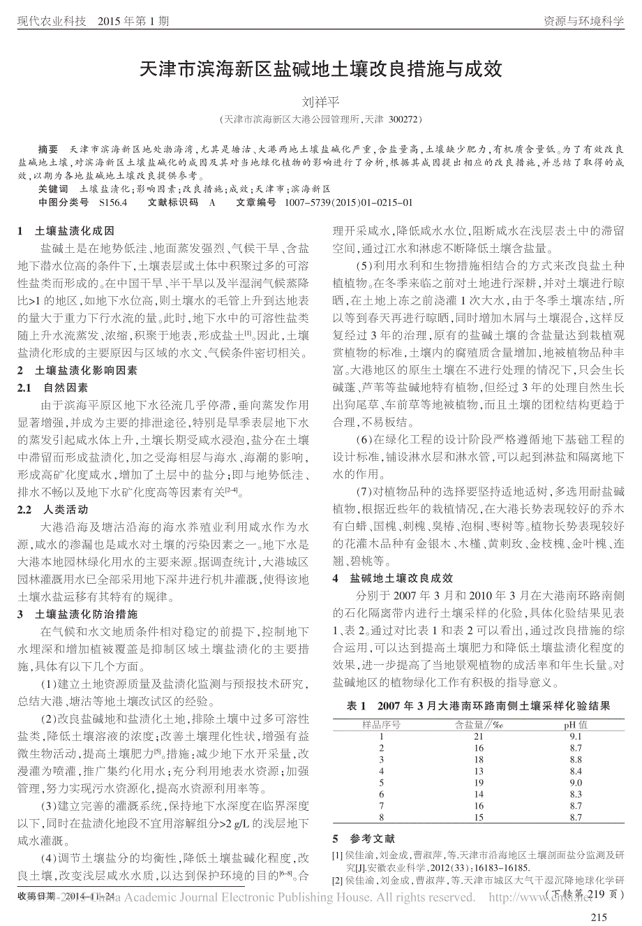 天津市滨海新区盐碱地土壤改良措施与成效_第1页