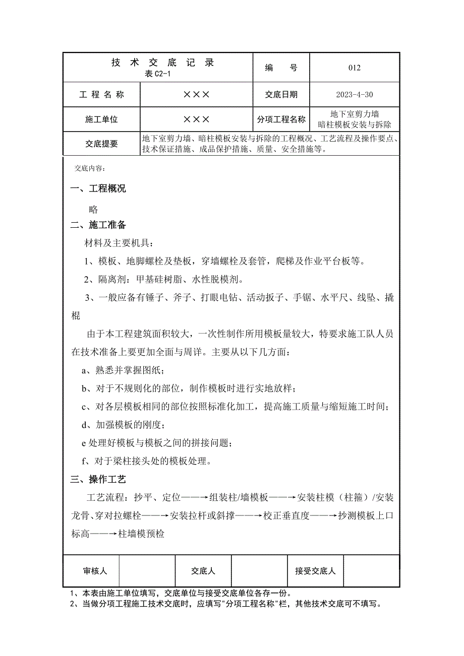 地下室剪力墙、暗柱模板安装与拆除技术交底_第1页