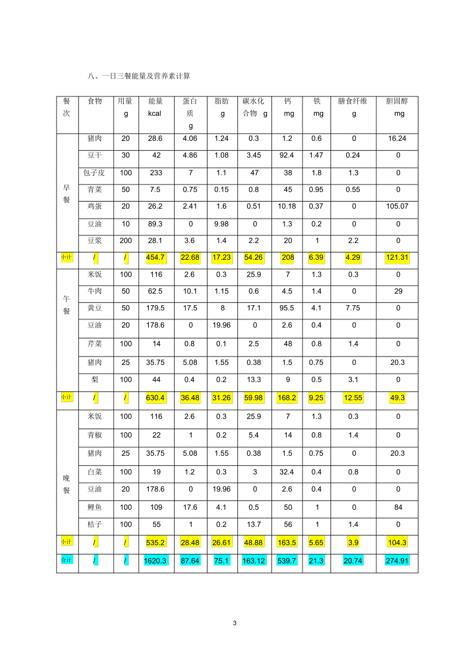 一日及一周食谱课程设计_第3页